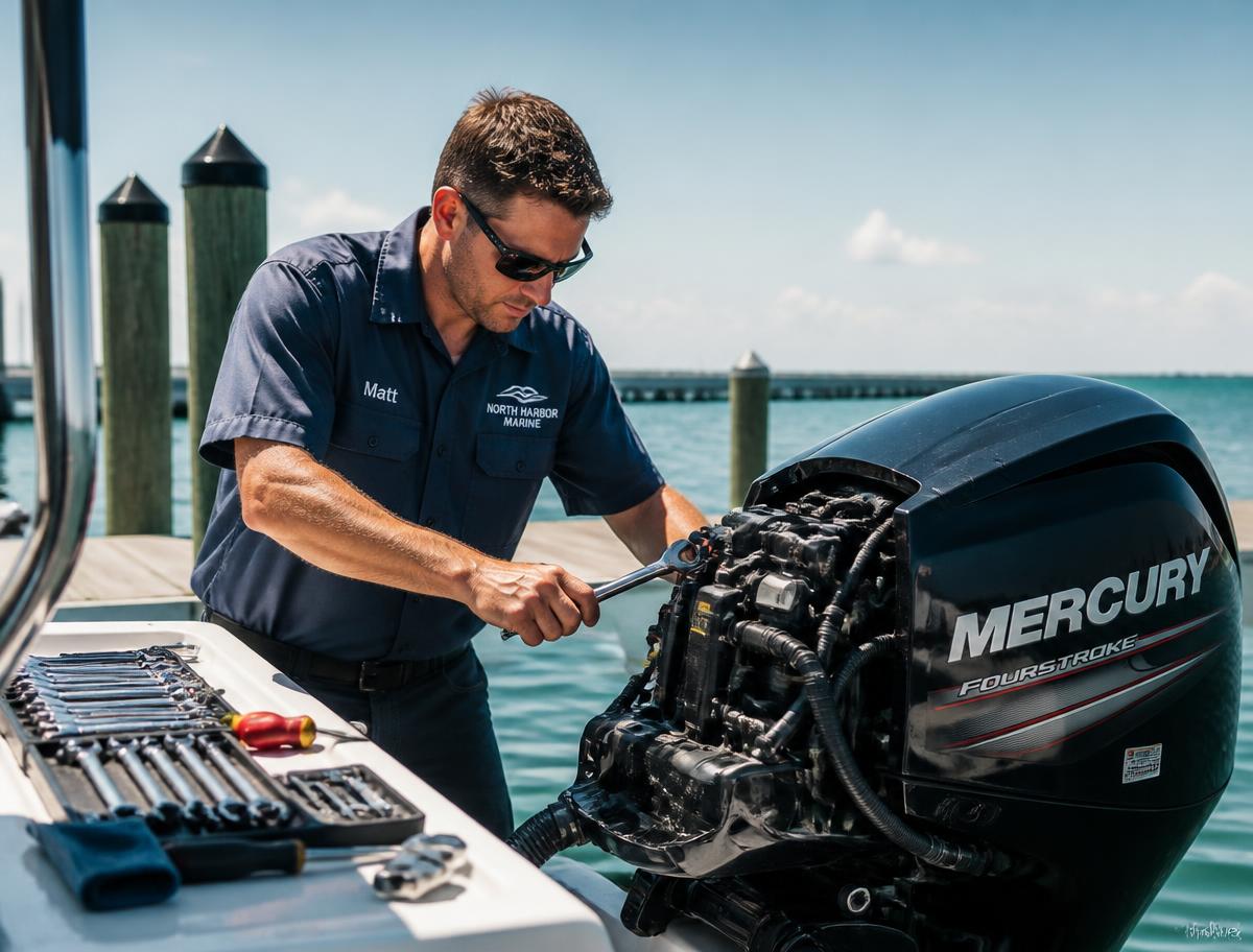 Marine mechanic servicing an outboard engine at a sunny dock